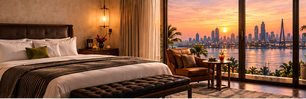 ICONIQA guest room overlooking Mumbai at sunset