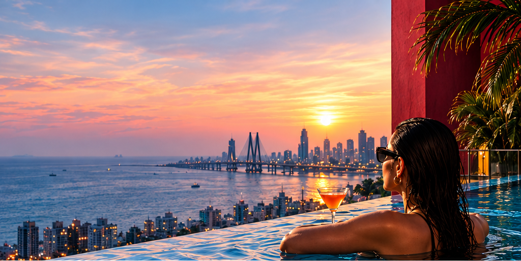 Mumbai skyline at sunset from an infinity pool